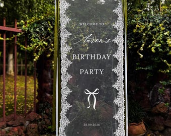 Lace Sheer Happy Birthday Welcome Sign Banner: Personalized 18th, 21st, 30th, 40th, 50th Party Decor