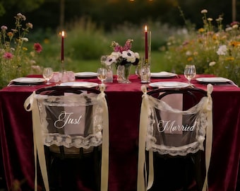 Vintage Lace Bride Groom Chair Signs, Sheer Tulle Just Married Decoration for Sweetheart Head Table