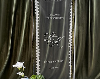 Initials Lace Welcome Sign on Veil: Clear Sheer Tulle Wedding Signage, Fabric Ceremony Reception Signage Banner