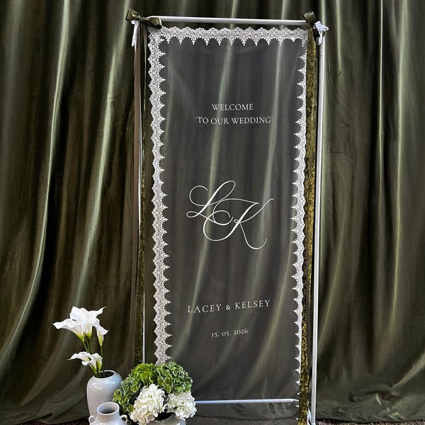 Initials Lace Welcome Sign on Veil: Clear Sheer Tulle Wedding Signage, Fabric Ceremony Reception Signage Banner