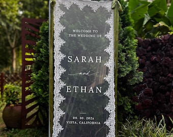 Custom Fabric Wedding Sign: Sheer Tulle Lace Welcome to The Wedding Signage Decor