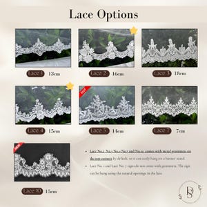 May include: A display board titled Lace Options showing seven distinct white lace trim patterns labelled Lace 1 through 7 and 10 with widths ranging from 7cm to 18cm. Text notes that Lace 2, 3, 4, 5, and 10 include metal grommets for hanging.
