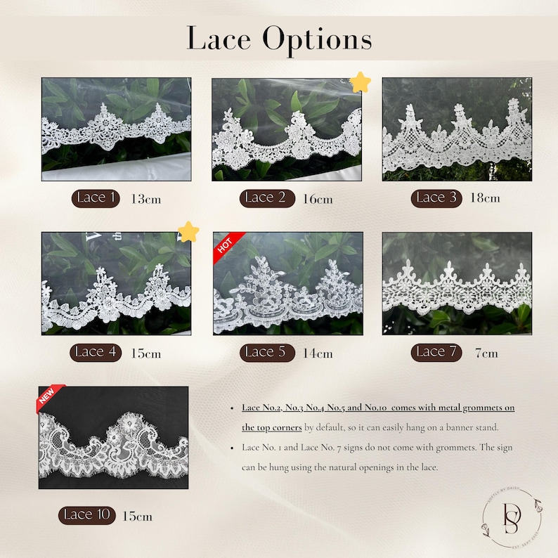 May include: A display board titled Lace Options showing seven distinct white lace trim patterns labelled Lace 1 through 7 and 10 with widths ranging from 7cm to 18cm. Text notes that Lace 2, 3, 4, 5, and 10 include metal grommets for hanging.