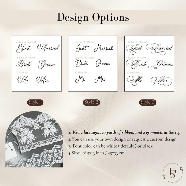 May include: Image featuring three design options for wedding signs with phrases like "Just Married," "Bride & Groom," and "Mr & Mrs." The image also includes a lace trim and details about the product, including its size of 18.5x13 inches.