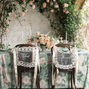 May include: Wedding reception setting with two wooden chairs adorned with lace and ribbon. One chair has a sign that says "Just" and the other says "Married". A floral arrangement and table setting are visible.