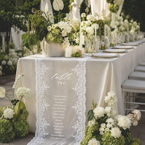 May include: A long, cream-coloured table runner featuring white lace borders and a central transparent panel printed with the text Table TWO followed by a list of names. The runner is draped over a table set with white floral arrangements and candles.