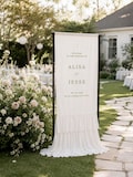 Custom Semi Sheer Fabric Wedding Sign with Chiffon Ruffles, Garden Welcome to the Wedding Signage Backdrop