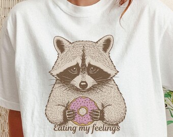 Comfort Colors Eating My Feelings T-Shirt, Funny Raccoon Tee Stress Eating Donuts for Mental Health Shirt Emotional Eating Food Humor Tshirt