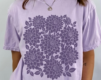 Monochromatic Dahlia Flower Shirt, Linocut Style Floral Tee, Comfort Colors Vintage Aesthetic Monochrome Pressed Flowers T-Shirt