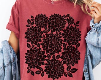 Linocut Style Dahlia Floral Shirt, Vintage Aesthetic Pressed Flowers Graphic Tee, Comfort Colors Boho Flower T-Shirt, Cottagecore Gift