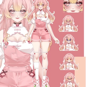 May include: Digital illustration of a character in a pink outfit with a white top. The character has long pink hair with yellow highlights and wears pink shorts and shoes. Additional facial expressions are shown.
