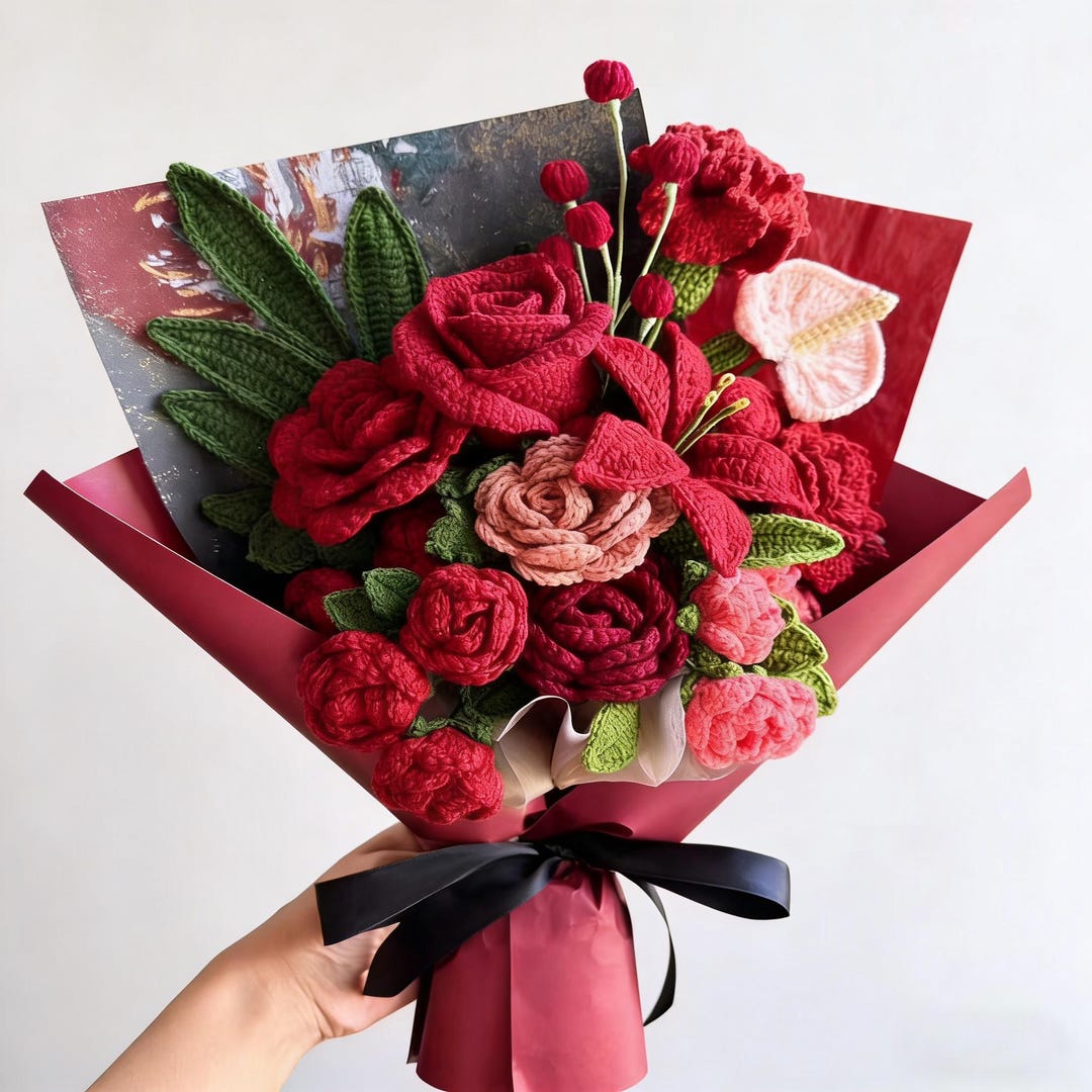 Valentine's Day Crochet Red Pink Rose Bouquet, Crochet Flowers Bouquet ...