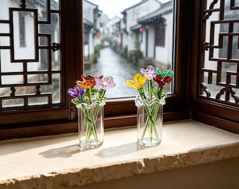 Mini Flower Figurine, Mini Glass Flower Bouquet, Birthday Gift, Handmade Glass Birth Flower, Birth Month Bloom, Personalized Gift for Mom