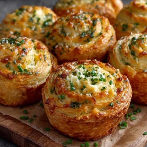 Può includere: Primo piano di diversi pasticcini dorati, ciascuno con un ripieno cremoso ed erbe verdi fresche. I pasticcini sono disposti su una tavola di legno, mettendo in risalto i loro strati friabili e il loro aspetto appetitoso. Una deliziosa prelibatezza.