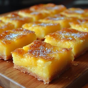 May include: Close-up of several lemon bars on a wooden cutting board. The bars have a golden-brown, slightly caramelized top and a bright yellow filling. Some bars are dusted with powdered sugar, and the crust is a light brown color.