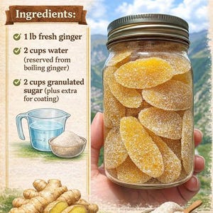 Op de afbeelding: Een pot gekonfijte gember, met een label met de tekst "Candied Ginger" en "Ingredients". De ingrediënten zijn 450g verse gember, 473ml water en 473ml kristalsuiker. De pot wordt door een persoon vastgehouden.