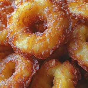 Puede incluir: Primer plano de un plato lleno de alimentos fritos en forma de anillo, de color marrón dorado. El exterior es crujiente y el interior es claro. Los bordes son ligeramente más oscuros, lo que indica una textura caramelizada. Probablemente sea un postre.