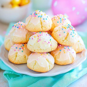Può includere: Una pila di biscotti italiani, noti anche come biscotti nuziali italiani, su un piatto bianco. I biscotti sono giallo chiaro con una glassa bianca e zuccherini colorati. Il piatto poggia su un tovagliolo turchese.