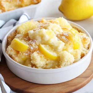 Puede incluir: Un cuenco de cerámica blanco lleno de postre de limón. El postre tiene una base amarilla y desmenuzable, cubierta con salsa blanca cremosa y rodajas de limón. Un limón entero está en el fondo sobre una tabla de madera.