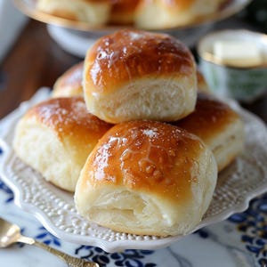 Puede incluir: Primer plano de varios panecillos dorados y glaseados sobre un plato blanco y decorativo. Los panecillos parecen suaves y esponjosos, con una ligera capa de azúcar en polvo. Un pequeño cuenco de mantequilla está en el fondo.