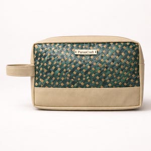 May include: A rectangular beige and green woven pouch with a handle. The top section features a woven pattern in shades of green and beige. The bottom section is solid beige. A small metal tag reads "PurunCraft".