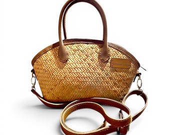 Borsa a mano intrecciata Kembang Ilung Purun – Borsa a tracolla in stile rattan fatta a mano per donna, borsa artigianale ecologica con tracolla in pelle vegana