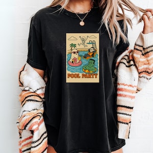 Summerween Pool Party Shirt Fun Spooky Beach Graphic Tee with Ghost Skeleton Frankenstein Vampire Halloween in July T-Shirt gifts for her