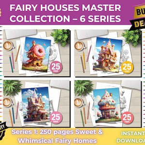250 Pages Sweet & Whimsical  Fairy Houses Coloring Book Bundle | Gingerbread, Cupcake, Candy, Donuts, Ice Cream Houses | Pdf Download