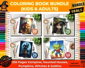 250 pages Halloween Coloring Book Bundle – Vampires, Haunted Houses, Pumpkins, Witches & Goblins | Kids Adults PDF Instant Download