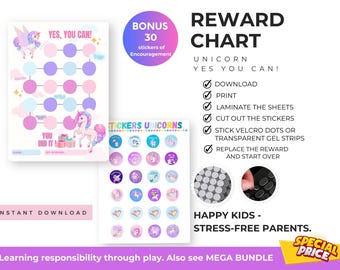 Unicorn Reward Chart for Girls: Kids Chore Tracker with Stickers (Printable PDF