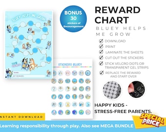 Tabla de recompensas Bluey con pegatinas: Comportamiento y rutina de los niños (PDF imprimible)