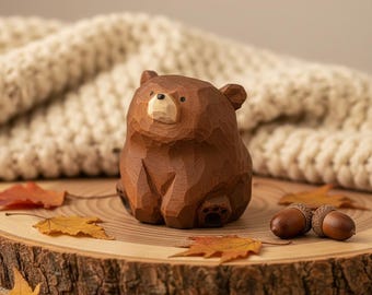 Adorable Wooden Bear Carving | Charming Hand-Carved Bear Figurine Decor | Rustic Bear Desk Ornament Gift Idea