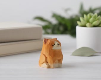Hand Carved Wooden Cat Figurine for Decor | Cute Wood Cat Sculpture with Peaceful Expression | Miniature Pet Lover Gift for Desk Shelf