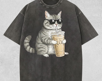 Cat Drinking Iced Coffee Shirt | Comfort Colors Funny Animal Meme Tee | Coffee Lover Cat Owner Shirt | Sarcastic Cat Mom Gift