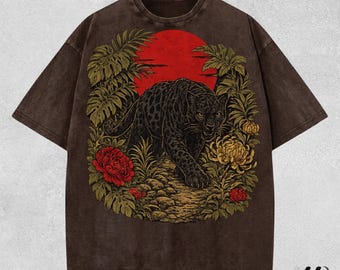 Vintage Black Panther Red Sun T Shirt Vintage Japanese Style Comfort Colors Jungle Cat Floral Graphic Tee