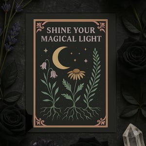 Carte postale double brillez votre lumière magique | Spirituel | Sorcière | Art botanique céleste au pastel | Style typographique | Un morceau ou un paquet de 10