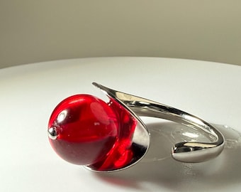 Red Ruby Ball-ring, 18 kt goud op sterlingzilver, verstelbare open ring