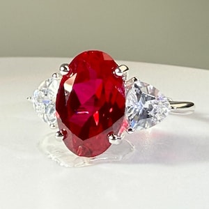 5ct Pigeon Blood Lab Ruby Ring, 12x8mm Oval Cut-18K White Gold over Silver, Vintage Art Deco Statement Ring, Adjustable Luxury Gift