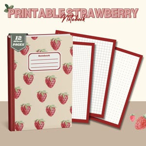 Cuaderno imprimible de fresas / Lindo diario kawaii en PDF / Tamaños de carta A5 y A4 / Páginas cuadriculadas, rayadas y de puntos / Insertos para bullet journal