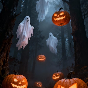 May include: A Halloween image showing carved pumpkins with glowing faces and floating white ghosts in a misty forest. The pumpkins are lit from within, and the ghosts are draped in white sheets, creating a spooky atmosphere.