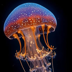 Può includere: Una vivace medusa su sfondo nero. La medusa ha una campana blu e arancione ricoperta di punti bianchi. Lunghi tentacoli arancioni e appendici fluenti completano l'immagine, creando una suggestiva scena subacquea.
