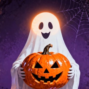 May include: A Halloween-themed illustration of a smiling ghost holding a carved orange pumpkin. The ghost is draped in a white sheet with a glowing, round head. A spiderweb is in the background against a purple backdrop.