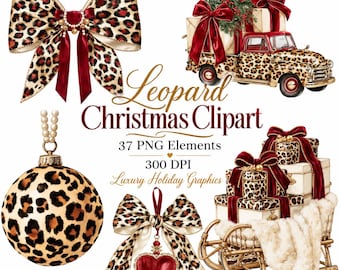 May include: A digital collection of Leopard Christmas Clipart featuring 37 PNG elements. The set includes a leopard print bow, a vintage truck carrying gifts, a round ornament, a heart pendant, and a stack of gifts on a sleigh with text.