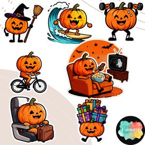 May include: A set of cartoon pumpkin stickers in different activities. One pumpkin wears a witch's hat and holds a broom. Another surfs a wave. Other pumpkins lift weights, ride a bike, watch TV, sit in an airplane seat, and carry gifts.