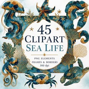May include: A digital collection of 45 sea life clipart elements featuring a jellyfish, starfish, mermaid, octopus, crab, and sea turtle in shades of blue and gold. The central text reads 45 CLIPART SEA LIFE PNG ELEMENTS FRAMES & BORDERS 300 dpi.