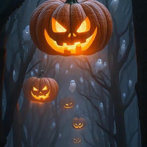 May include: A spooky Halloween scene featuring glowing jack-o'-lanterns floating in a dark forest. The pumpkins have carved faces and are illuminated from within. White ghost figures drift among the trees, creating a haunting atmosphere.