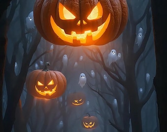 May include: A spooky Halloween scene featuring glowing jack-o'-lanterns floating in a dark forest. The pumpkins have carved faces and are illuminated from within. White ghost figures drift among the trees, creating a haunting atmosphere.