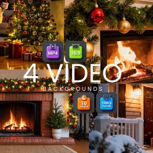 Op de afbeelding: Een samengestelde afbeelding met vier video-achtergronden met kerstthema. De scènes omvatten een versierde kerstboom, een open haard met een brandend vuur en de kerstman. De tekst "4 VIDEO BACKGROUNDS" wordt weergegeven.