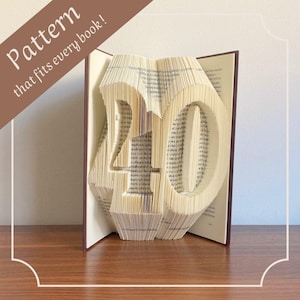 May include: An open book with the number 40 sculpted from its pages. The text "Pattern that fits every book!" is displayed in a brown banner. The book is on a wooden surface. The pages are beige and the cover is a dark burgundy colour.