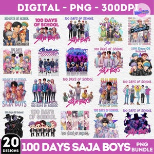 May include: A digital PNG bundle with 20 designs, each displaying "100 Days of School" and "Saja Boys". The designs showcase colourful illustrations of groups of people, using diverse fonts and styles. The bundle is marked as 300 DPI.
